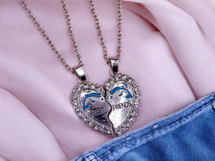 Set of 2 Dolphin Heart Friendship Necklaces - BFF Best Friends Forever - Fantasy - Silver Pendant and Chain