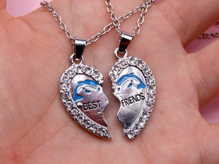 Set of 2 Dolphin Heart Friendship Necklaces - BFF Best Friends Forever - Fantasy - Silver Pendant and Chain