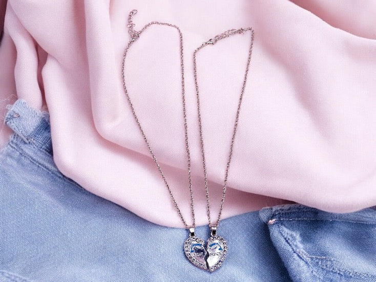 Set of 2 Dolphin Heart Friendship Necklaces - BFF Best Friends Forever - Fantasy - Silver Pendant and Chain