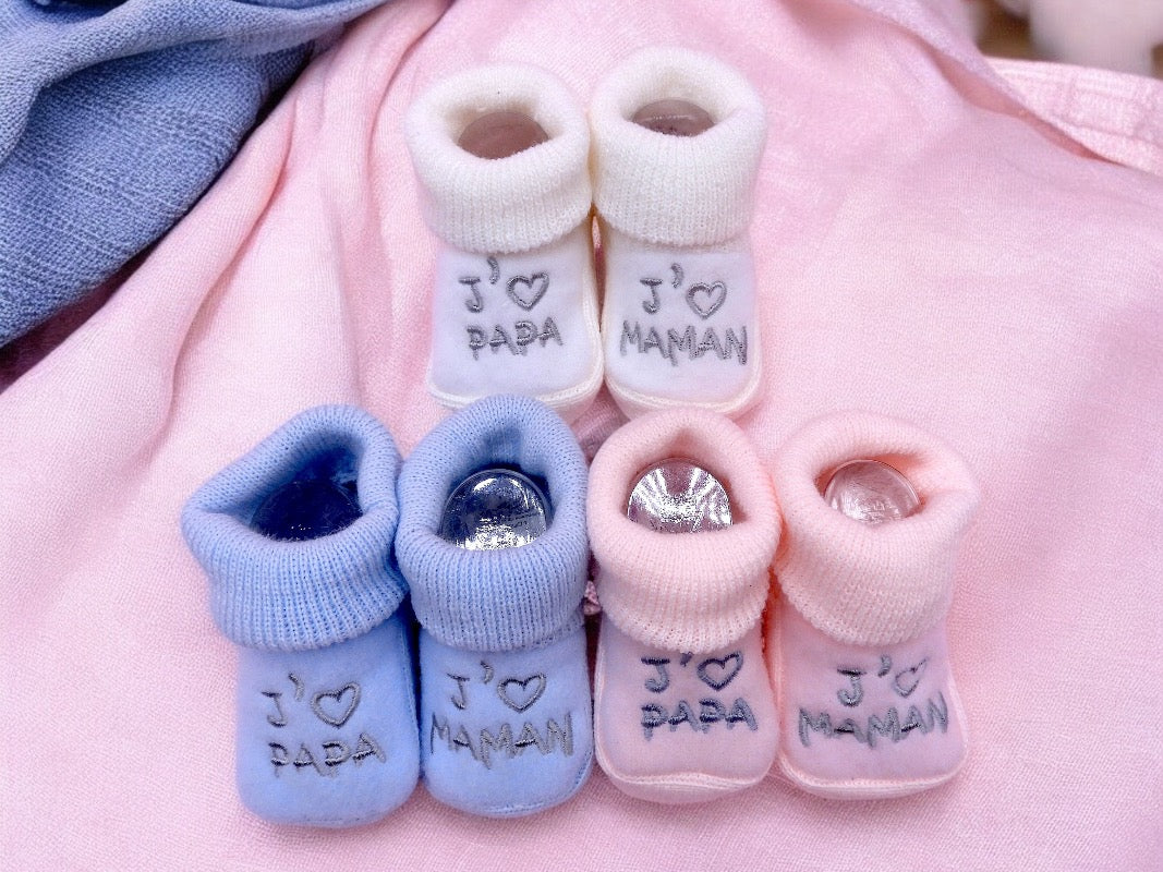 Chaussons Bébé - Taille 0-6 Mois - J'aime Maman Papa - Brodés Naissance Layette - Annonce Grossesse