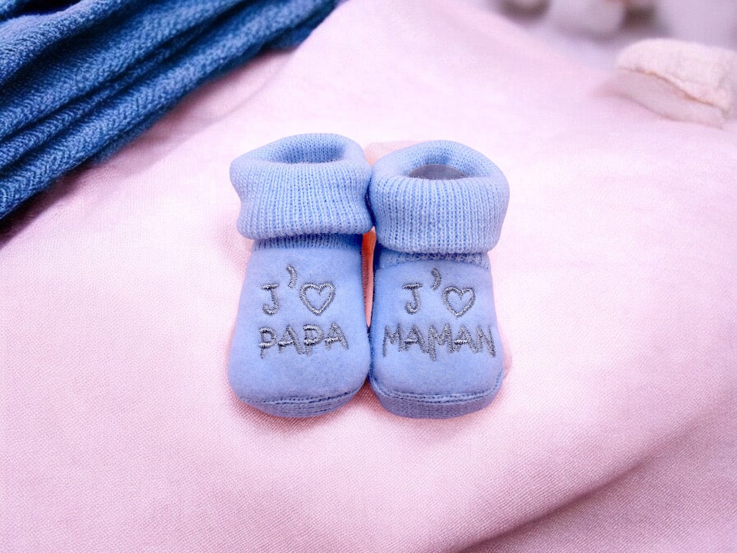 Chaussons Bébé - Taille 0-6 Mois - J'aime Maman Papa - Brodés Naissance Layette - Annonce Grossesse