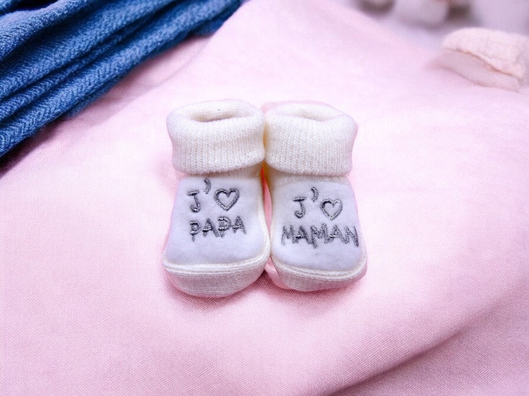 Chaussons Bébé - Taille 0-6 Mois - J'aime Maman Papa - Brodés Naissance Layette - Annonce Grossesse