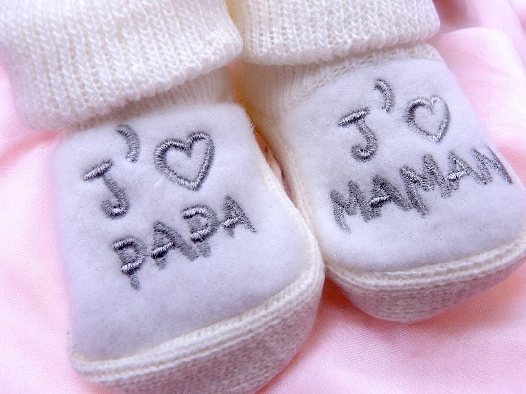 Chaussons Bébé - Taille 0-6 Mois - J'aime Maman Papa - Brodés Naissance Layette - Annonce Grossesse