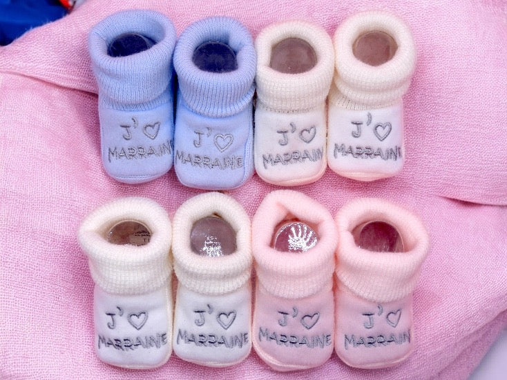 Chaussons Bébé - Taille 0-6 Mois - J'aime Marraine - Brodés Naissance Layette - Annonce Grossesse - Baptêmes - Filleul - Filleule