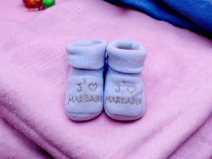Chaussons Bébé - Taille 0-6 Mois - J'aime Marraine - Brodés Naissance Layette - Annonce Grossesse - Baptêmes - Filleul - Filleule
