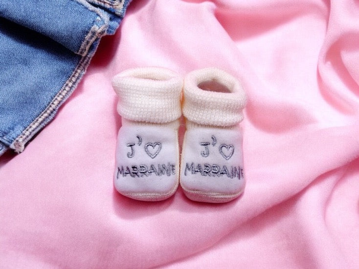 Chaussons Bébé - Taille 0-6 Mois - J'aime Marraine - Brodés Naissance Layette - Annonce Grossesse - Baptêmes - Filleul - Filleule