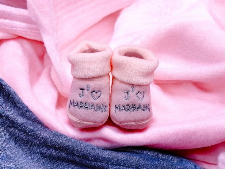 Chaussons Bébé - Taille 0-6 Mois - J'aime Marraine - Brodés Naissance Layette - Annonce Grossesse - Baptêmes - Filleul - Filleule