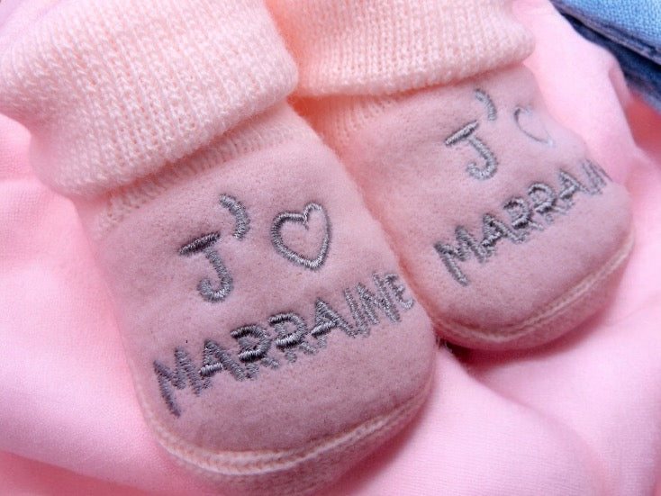 Chaussons Bébé - Taille 0-6 Mois - J'aime Marraine - Brodés Naissance Layette - Annonce Grossesse - Baptêmes - Filleul - Filleule