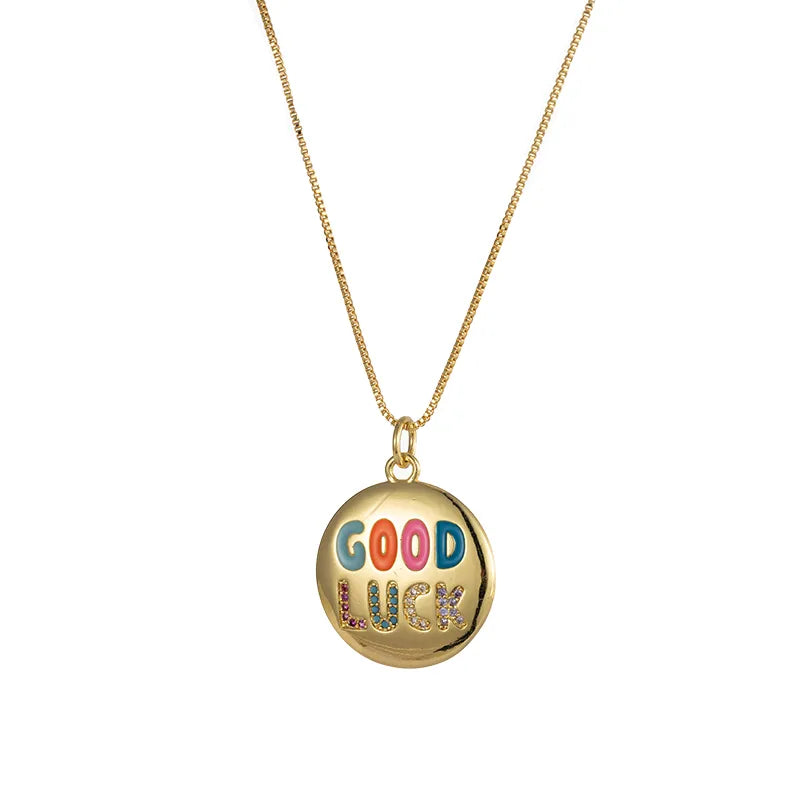 Collier Pendentif Good Luck - Rond - Mignon - Placage Incruster Rond Lettre Zircon Pendentif