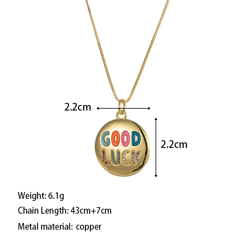 Collier Pendentif Good Luck - Rond - Mignon - Placage Incruster Rond Lettre Zircon Pendentif