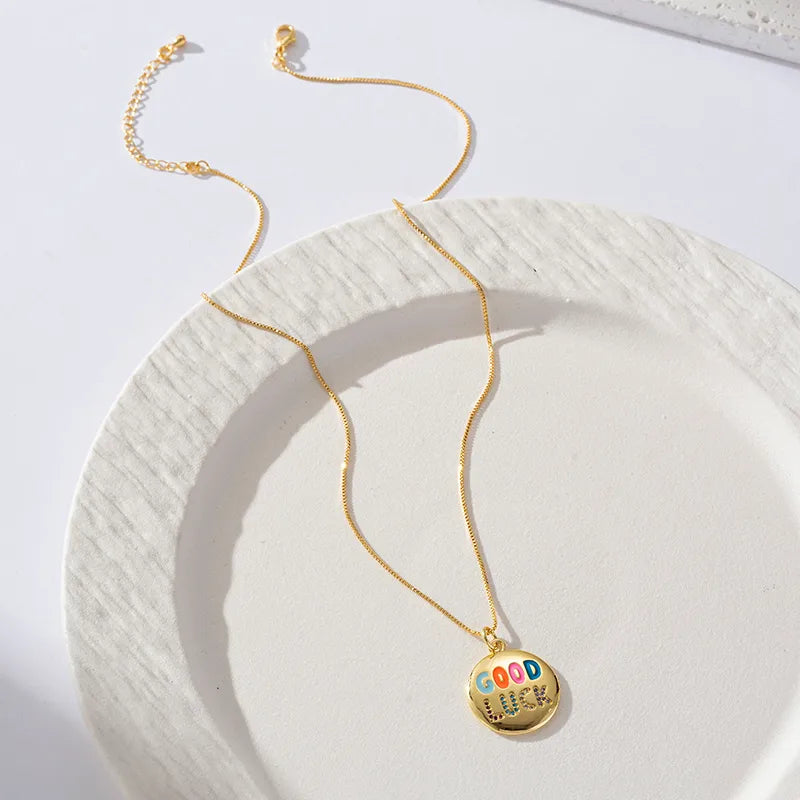 Collier Pendentif Good Luck - Rond - Mignon - Placage Incruster Rond Lettre Zircon Pendentif