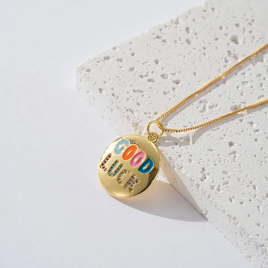 Collier Pendentif Good Luck - Rond - Mignon - Placage Incruster Rond Lettre Zircon Pendentif