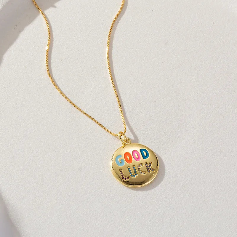 Collier Pendentif Good Luck - Rond - Mignon - Placage Incruster Rond Lettre Zircon Pendentif