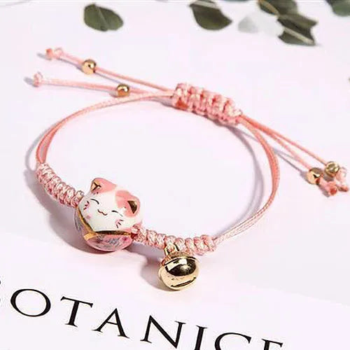 Verstellbare Kordelarmbänder mit chinesischer Glückskatze für viel Glück – Katzenliebhaber – Fantasie – Kordelarmband
