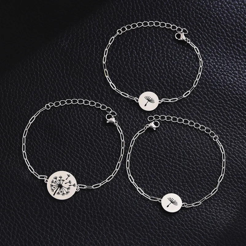 Lot de 2, 3, 4 ou 5 Bracelets Maillons - Pissenlits - À Partager entre Parents/Enfants - Mère/Père et Filles/Fils - Acier Inoxydable 304
