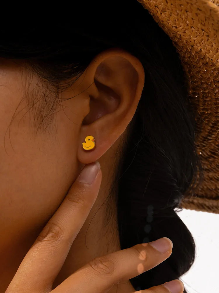 Boucles Oreilles - Petit Canard - Mignon - Acier Inoxydable Doré - Clous d'Oreilles