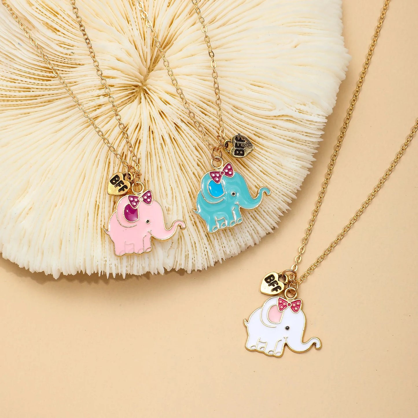 Lot de 3 Colliers D'amitié - Éléphants - BFF - Best Friends Forever - Fantaisie - Pendentif Rose Bleu Blanc - Doré - Amitié