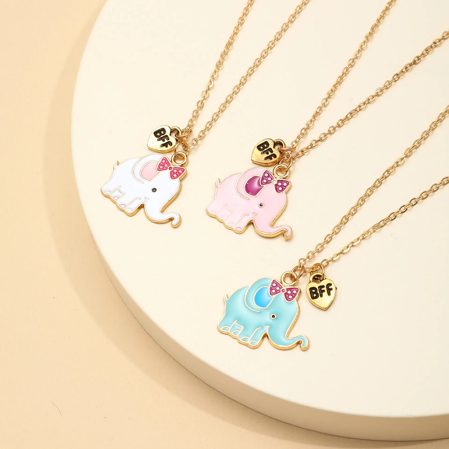 Lot de 3 Colliers D'amitié - Éléphants - BFF - Best Friends Forever - Fantaisie - Pendentif Rose Bleu Blanc - Doré - Amitié