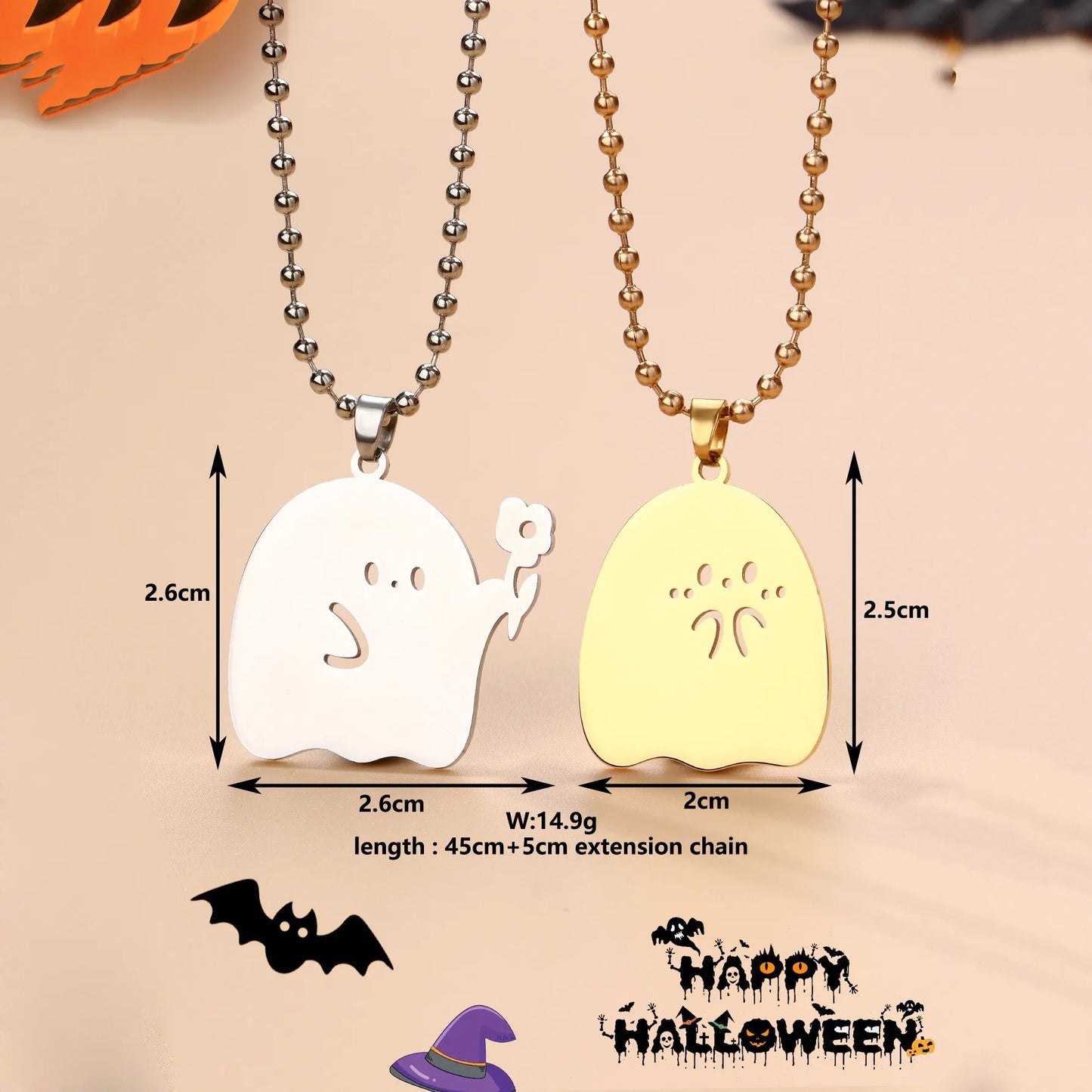 Lot de 2 Collier d'amitié - Fantôme tend une Fleur - BFF - Best Friends Forever - Pendentif Doré - Amitié - Halloween