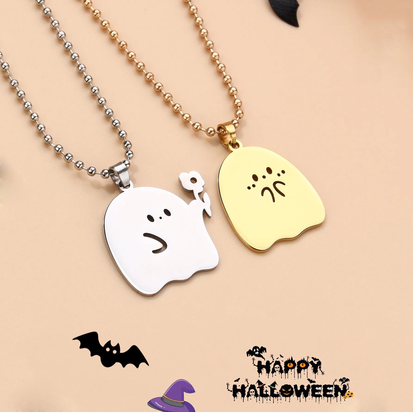 Lot de 2 Collier d'amitié - Fantôme tend une Fleur - BFF - Best Friends Forever - Pendentif Doré - Amitié - Halloween