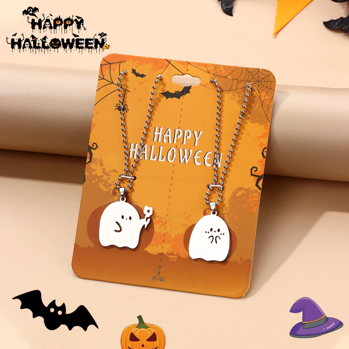 Lot de 2 Collier d'amitié - Fantôme tend une Fleur - BFF - Best Friends Forever - Pendentif Doré - Amitié - Halloween