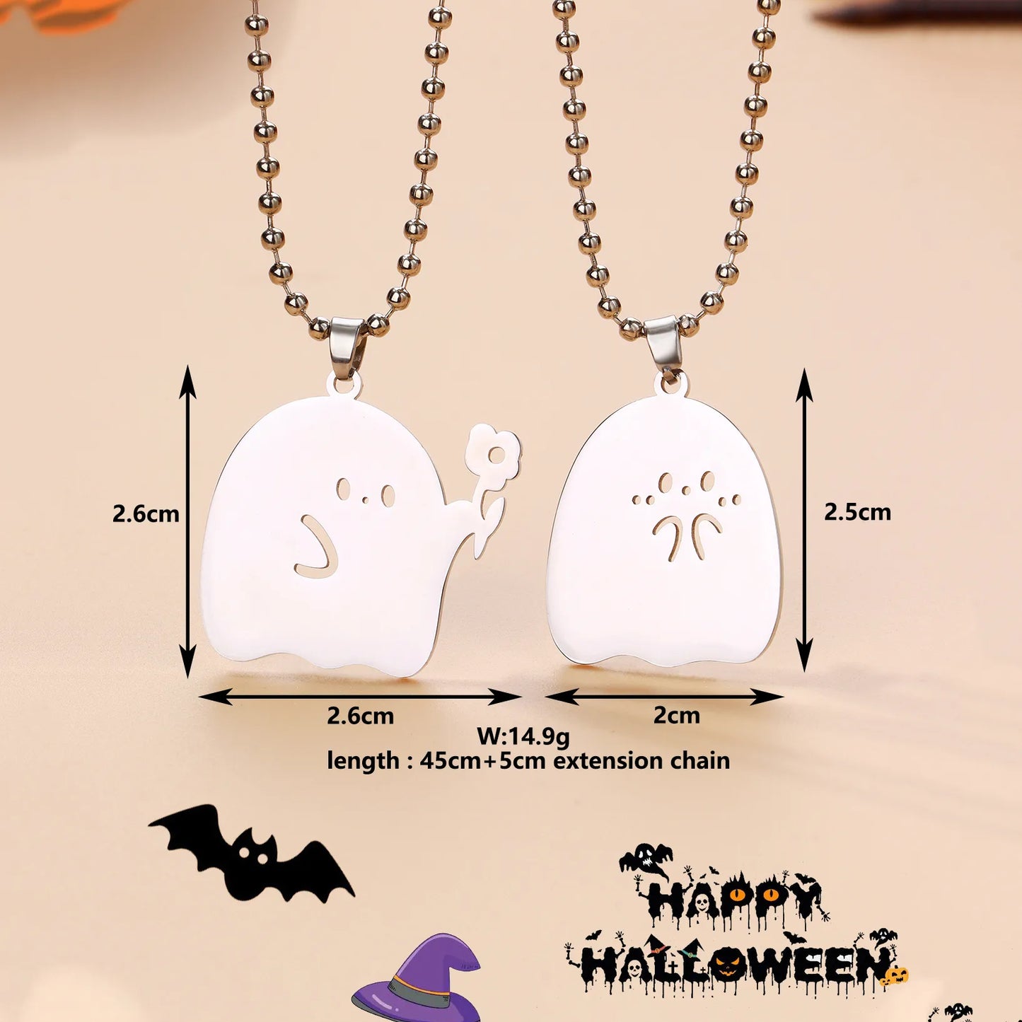 Lot de 2 Collier d'amitié - Fantôme tend une Fleur - BFF - Best Friends Forever - Pendentif Doré - Amitié - Halloween