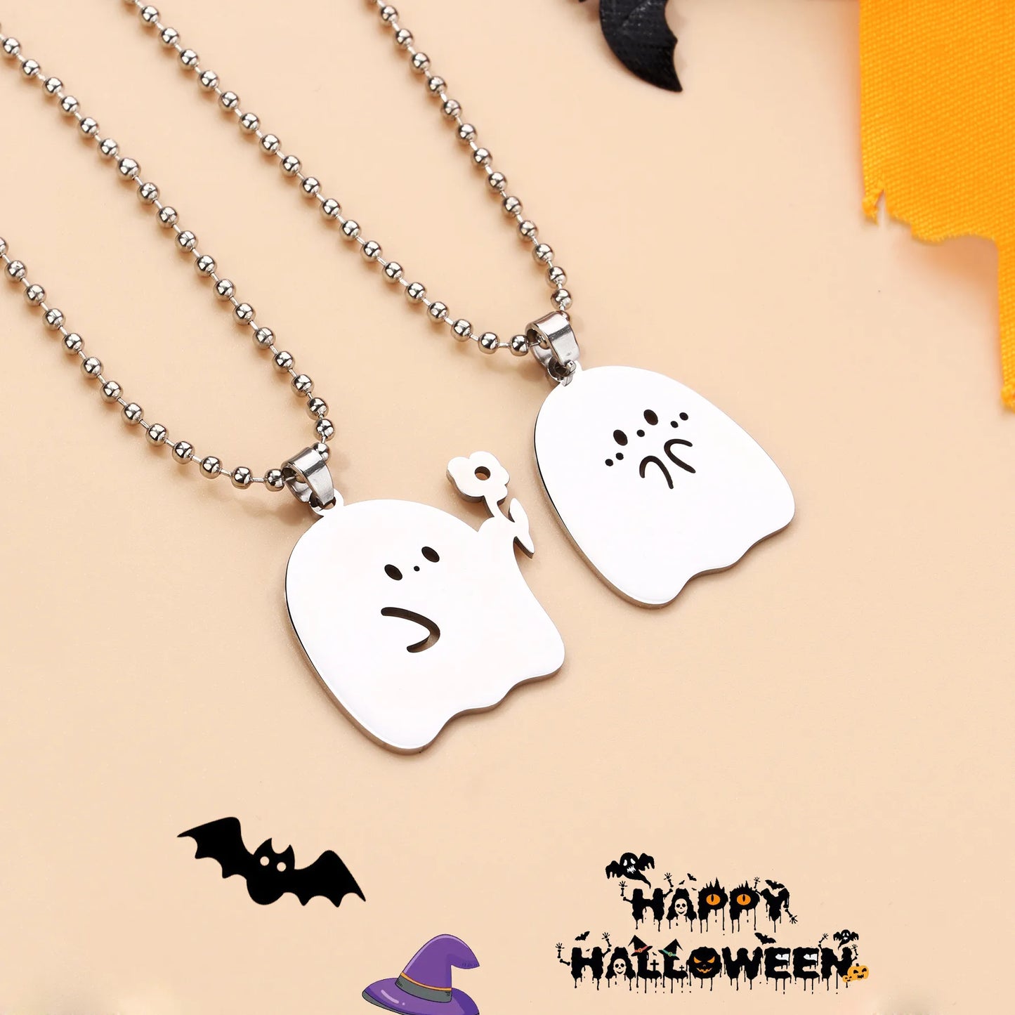 Lot de 2 Collier d'amitié - Fantôme tend une Fleur - BFF - Best Friends Forever - Pendentif Doré - Amitié - Halloween