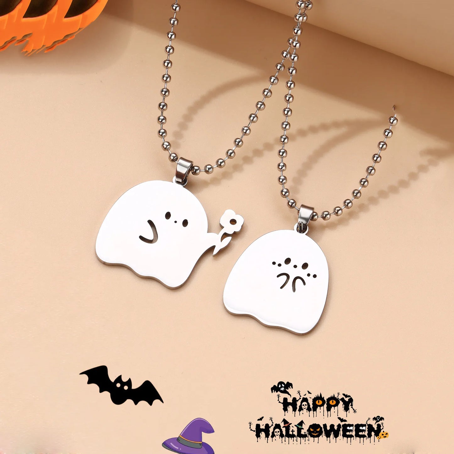 Lot de 2 Collier d'amitié - Fantôme tend une Fleur - BFF - Best Friends Forever - Pendentif Doré - Amitié - Halloween