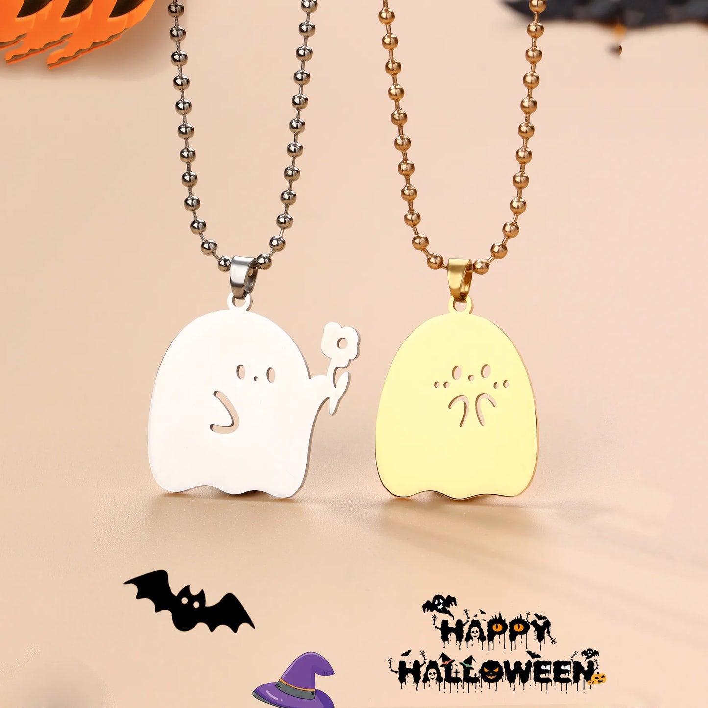 Lot de 2 Collier d'amitié - Fantôme tend une Fleur - BFF - Best Friends Forever - Pendentif Doré - Amitié - Halloween