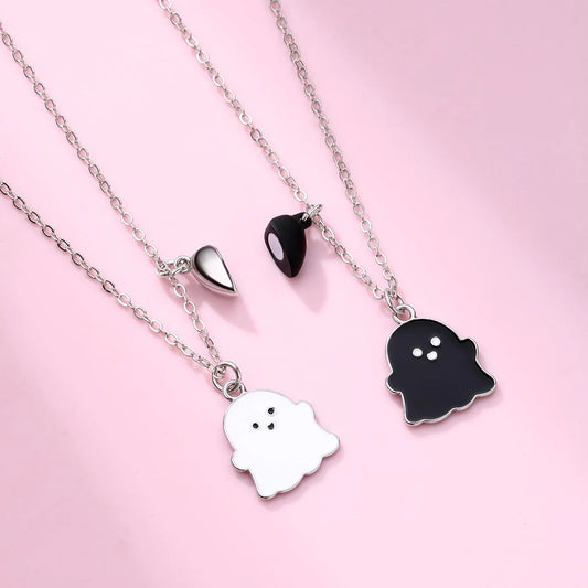 Lot de 2 Collier d'amitié Aimanté - Fantôme - BFF - Best Friends Forever - Pendentif Argenté - Amitié