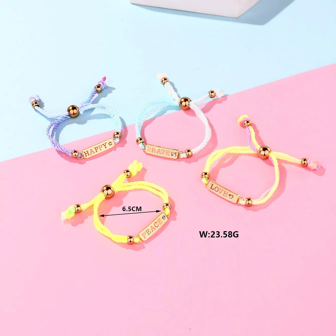 Lot de 4 Bracelets Cordon Réglable avec Carte - Love Peace Brave Happy - Mignon - Couleurs Fluo