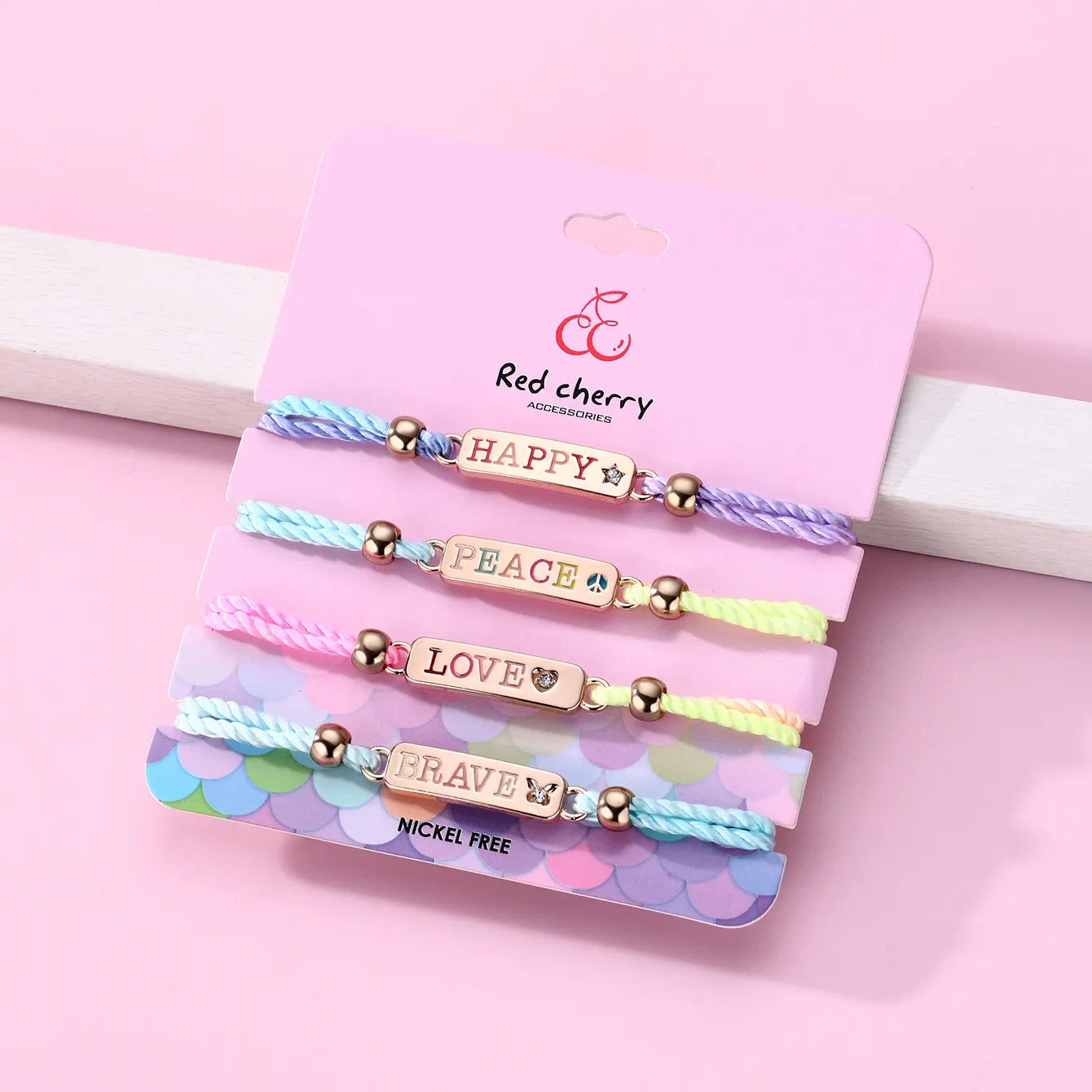 Lot de 4 Bracelets Cordon Réglable avec Carte - Love Peace Brave Happy - Mignon - Couleurs Fluo