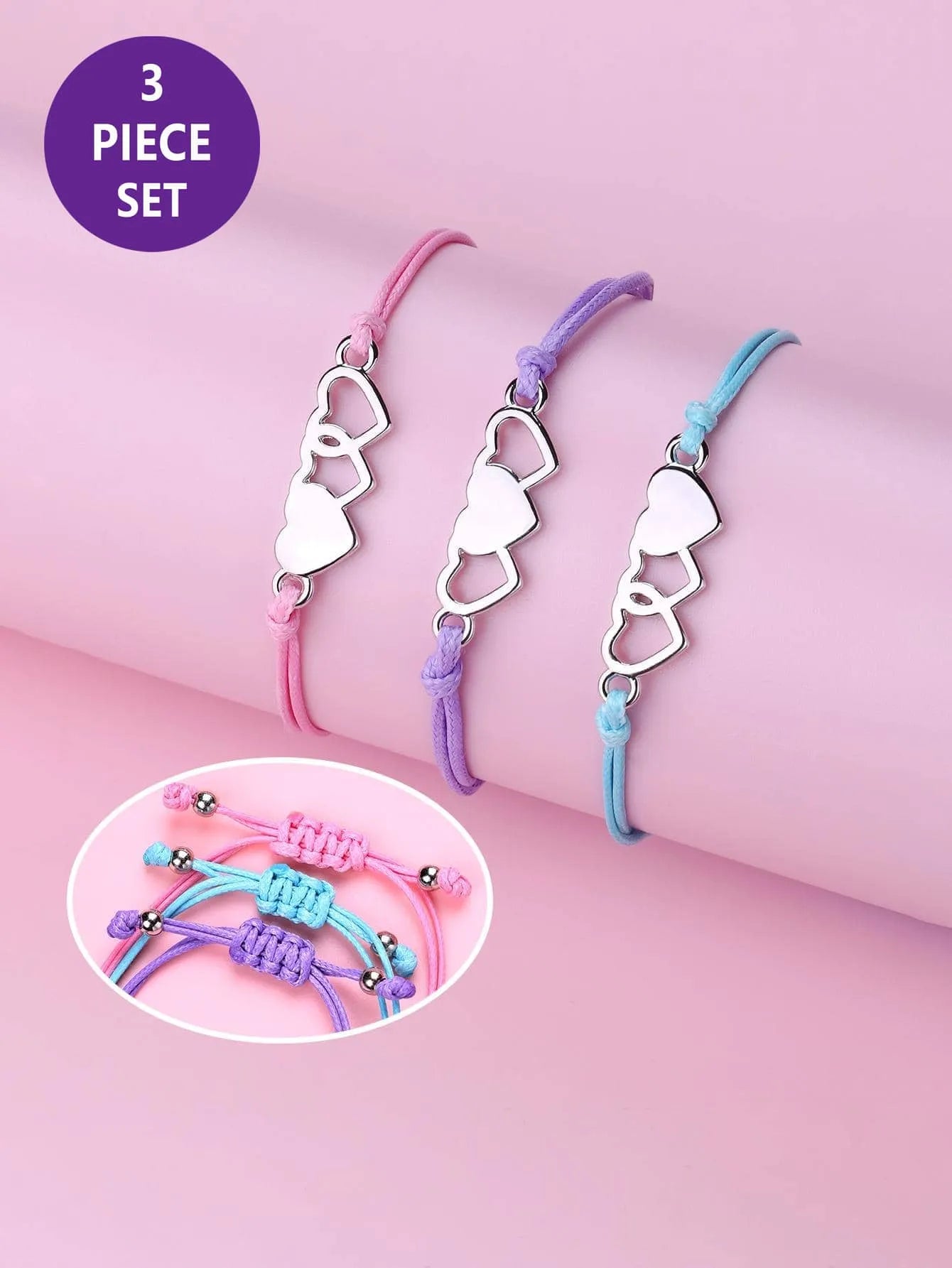 Lot de 3 Bracelets Cordon Réglable avec Carte - 3 Cœurs - Mignon