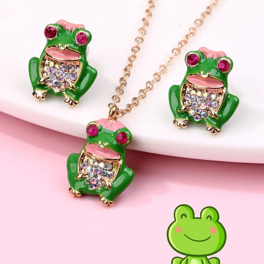 Parure 2 pièces avec Carte - Collier Boucles Oreilles - Grenouille Strass - Mignon Chaine Doré