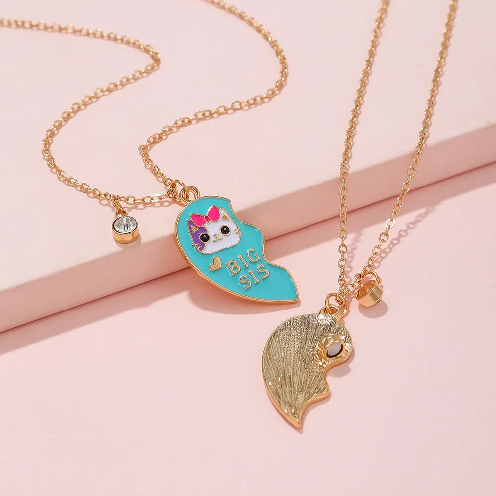 Set of 2 Sister Necklaces Chains - Little Sister Big Sister Family - Fantasy - Magnetic Heart Pendant
