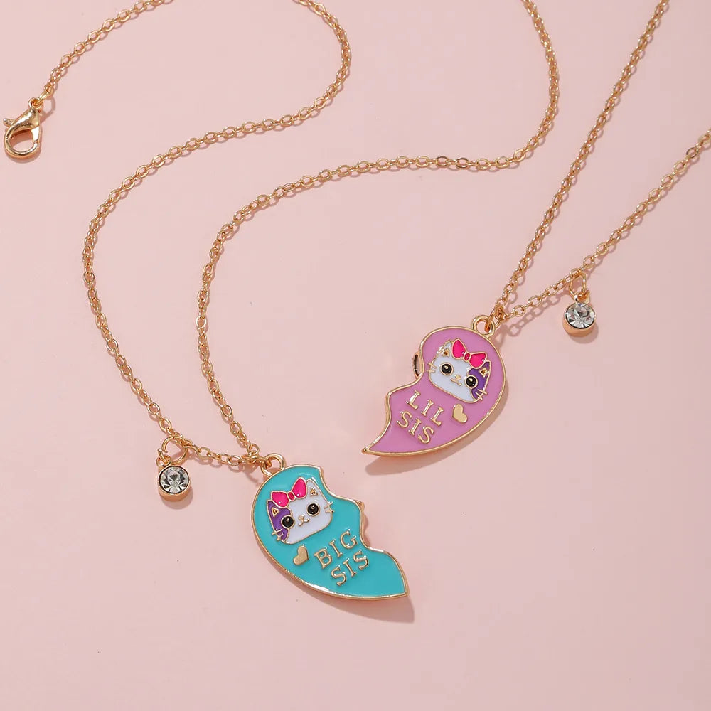 Set of 2 Sister Necklaces Chains - Little Sister Big Sister Family - Fantasy - Magnetic Heart Pendant