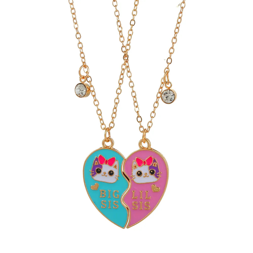 Set of 2 Sister Necklaces Chains - Little Sister Big Sister Family - Fantasy - Magnetic Heart Pendant
