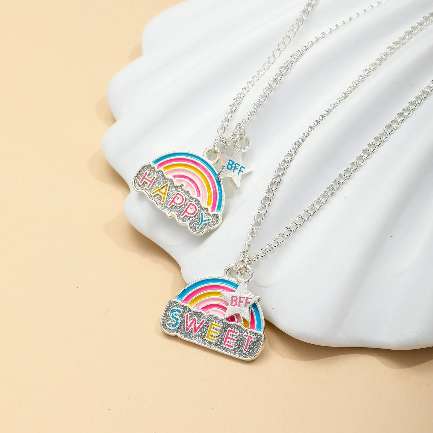 Set of 2 Rainbow Clouds Friendship Necklace Chains - BFF Best Friends Forever Lovers or Couple - Fantasy - Pendant