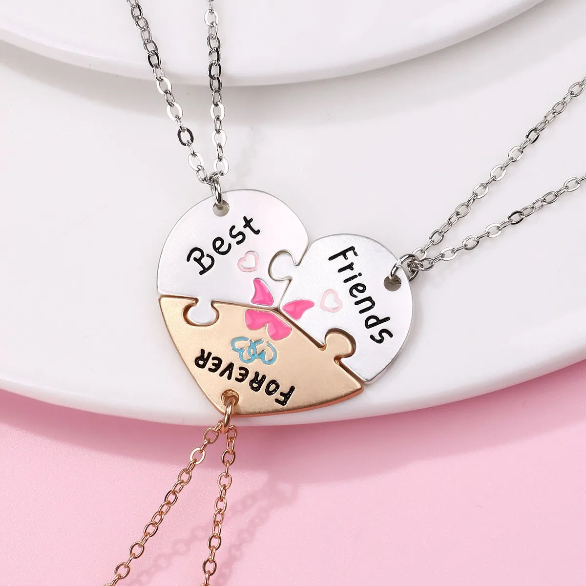 Lot de 3 Colliers D'amitié - Coeur Puzzle - BFF - Best Friends Forever - Pendentif et Chaine Argenté Doré