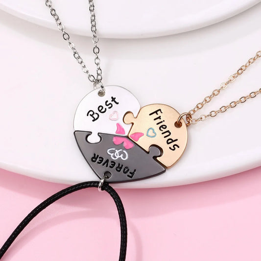 Lot de 3 Colliers D'amitié - Coeur Puzzle - BFF - Best Friends Forever - Pendentif et Chaine Argenté Doré
