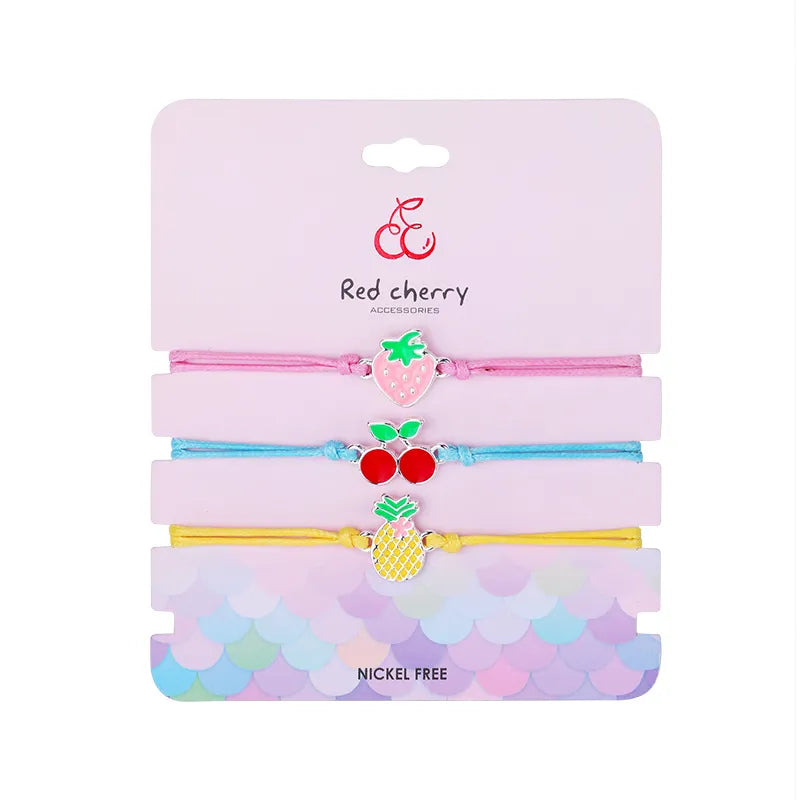 Lot de 3 Bracelets Cordon Réglable avec Carte - Fruits Fraise Cerise Ananas - Mignon