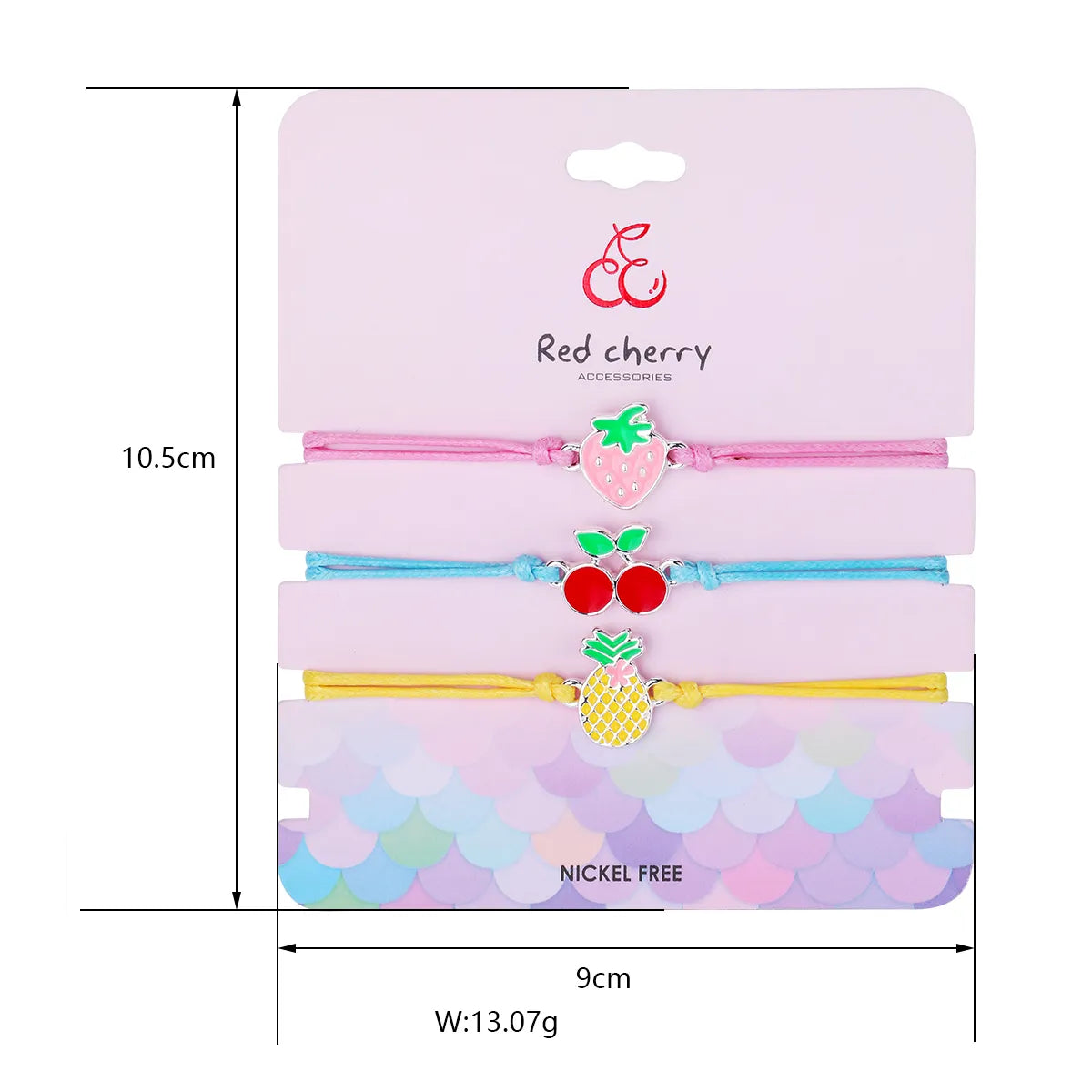 Lot de 3 Bracelets Cordon Réglable avec Carte - Fruits Fraise Cerise Ananas - Mignon