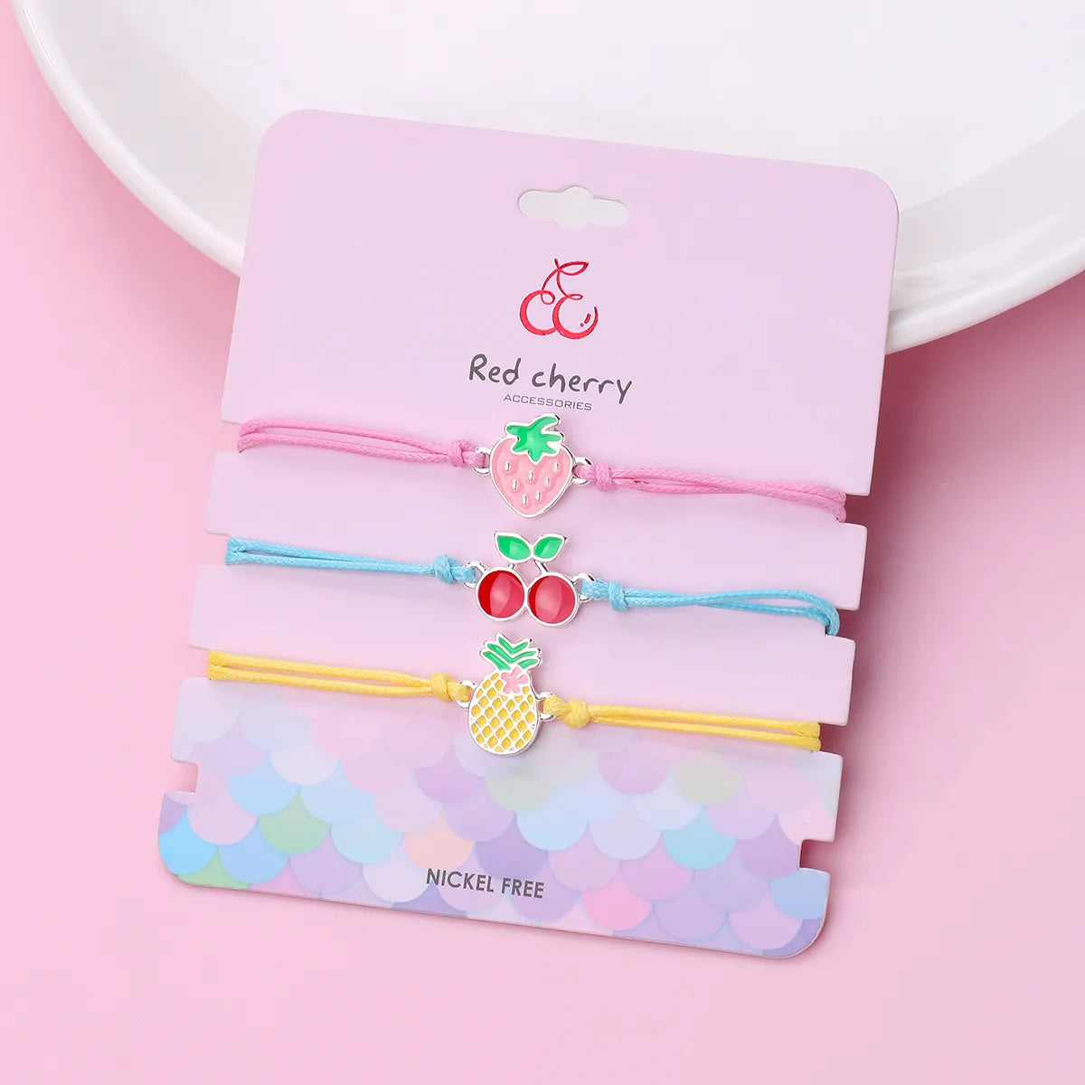 Lot de 3 Bracelets Cordon Réglable avec Carte - Fruits Fraise Cerise Ananas - Mignon