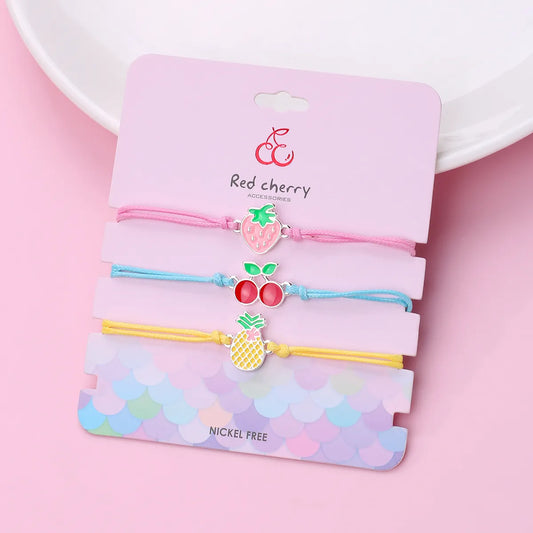 Lot de 3 Bracelets Cordon Réglable avec Carte - Fruits Fraise Cerise Ananas - Mignon