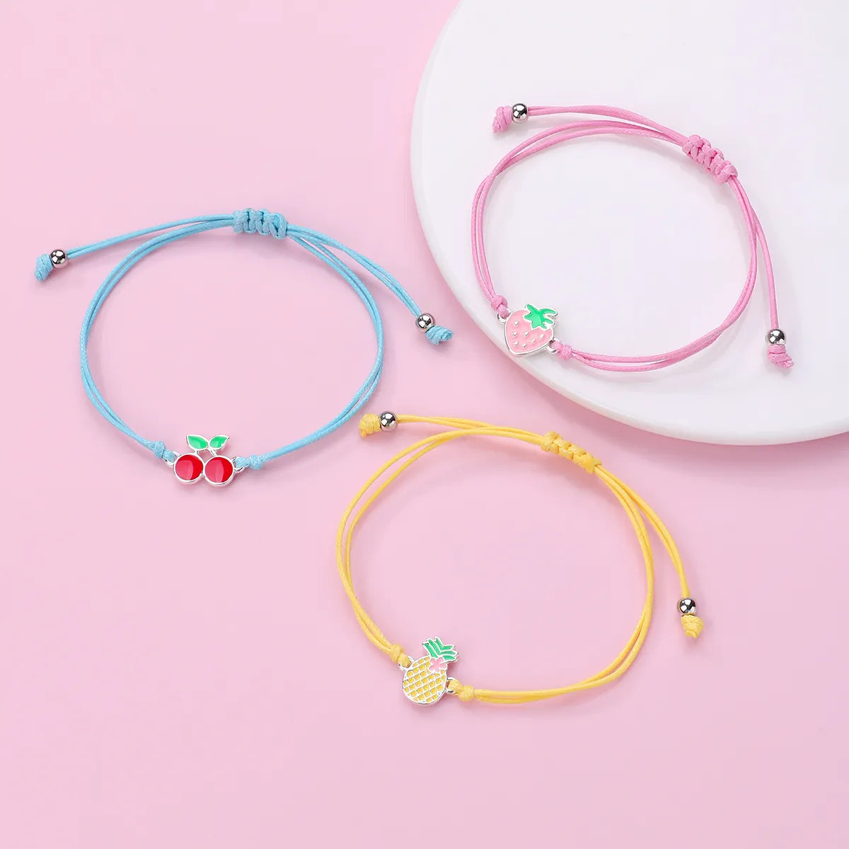 Lot de 3 Bracelets Cordon Réglable avec Carte - Fruits Fraise Cerise Ananas - Mignon