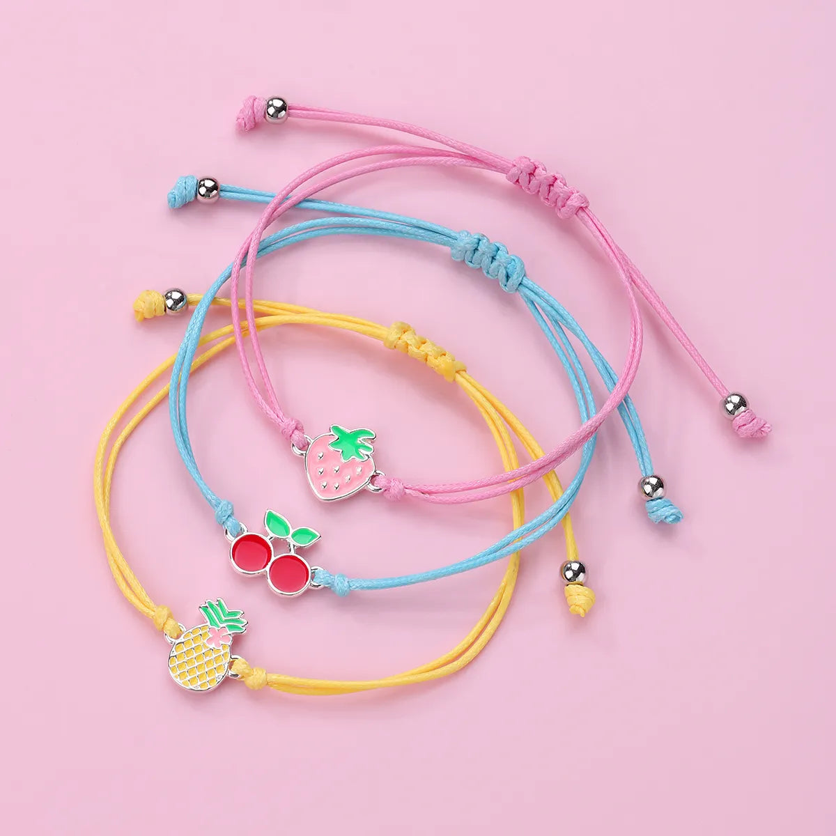 Lot de 3 Bracelets Cordon Réglable avec Carte - Fruits Fraise Cerise Ananas - Mignon