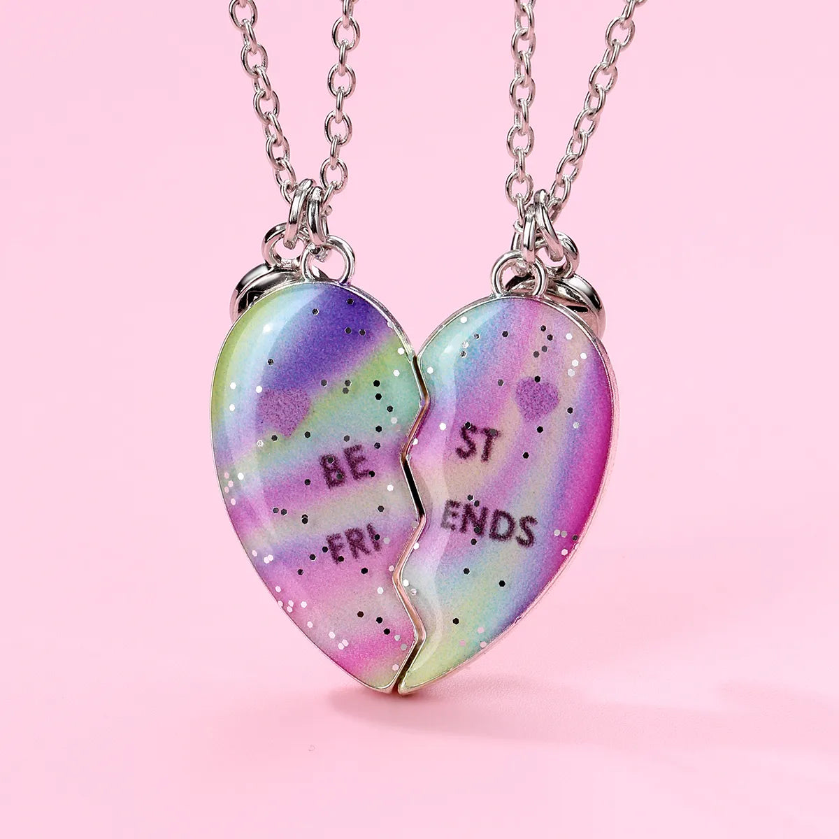 CHILDREN - Set of 2 Chains Friendship Necklaces Cat Unicorn & Heart - BFF Best Friends Forever - Fantasy - Rainbow Resin Pendant