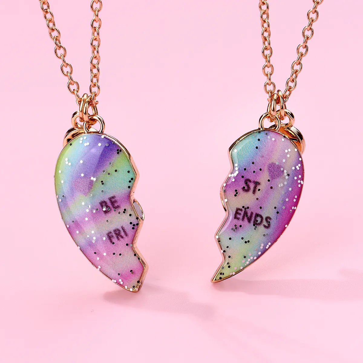 CHILDREN - Set of 2 Chains Friendship Necklaces Cat Unicorn & Heart - BFF Best Friends Forever - Fantasy - Rainbow Resin Pendant