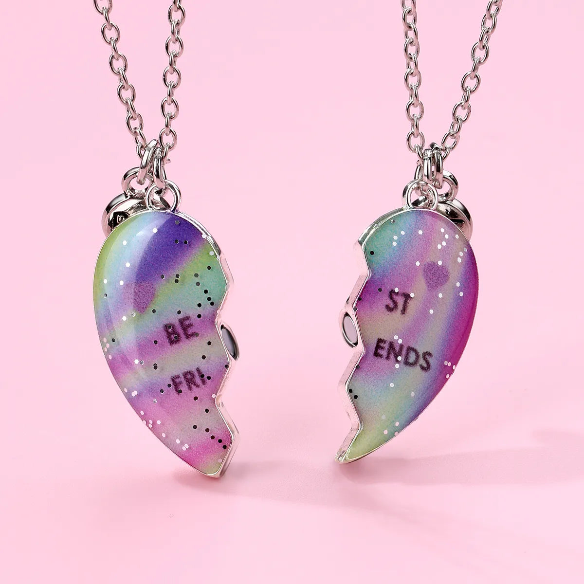 CHILDREN - Set of 2 Chains Friendship Necklaces Cat Unicorn & Heart - BFF Best Friends Forever - Fantasy - Rainbow Resin Pendant