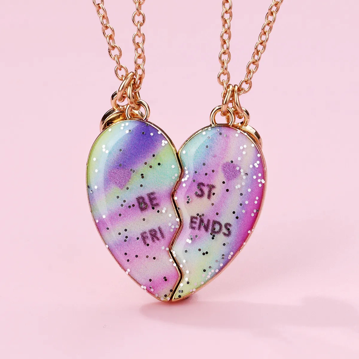 CHILDREN - Set of 2 Chains Friendship Necklaces Cat Unicorn & Heart - BFF Best Friends Forever - Fantasy - Rainbow Resin Pendant